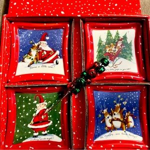 Vintage MUD PIE Santa's Secrets 4-ct Tidbit Plates & Jingle Bell Spreader in box